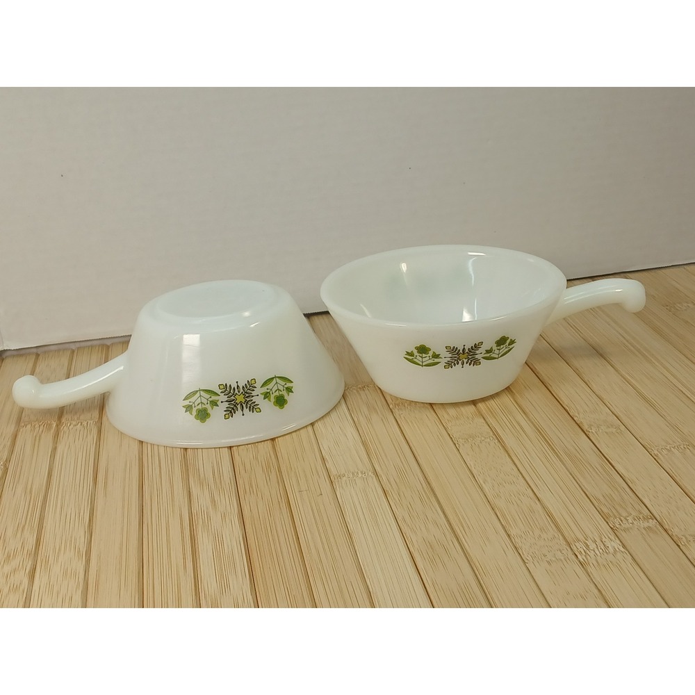 Vintage Fire-King Meadow Green Milk Glass Chili Soup Bowls with Handles Set of 2